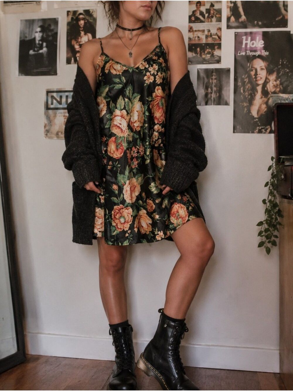 Vintage L.A. Intimates Black Floral Satin Slip Dress Sz L